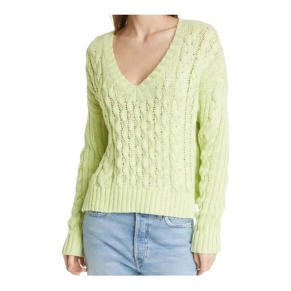 Line the Label Leah V-Neck Cable Knit Sweater Citron Lime Green - Picture 7 of 7